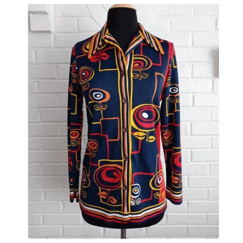 VTG 70s Psychedelic Mod Disco Shirt Geometric Print Fitted Button Up Top - Picture 11 of 13